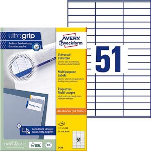 Avery® Zweckform Etiketten 3420, A4, universell, permanenthaftend, ultragrip, druckergeeignet, FSC®-Papier, rechteckig, weiß, 5100 Stück auf 100 Bogen