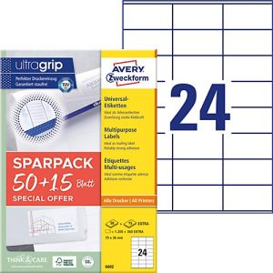 Avery Zweckform Etiketten 6602, universal, ultragrip, geeignet für Inkjet- & Laserdrucker, 70 x 36 mm, 1560 Stück/65 A4-Bogen, FSC®-Papier, weiß
