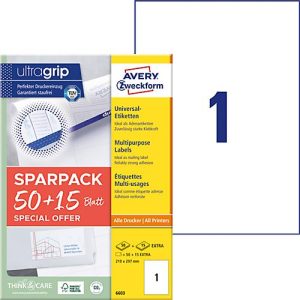 Avery Zweckform Etiketten 6603, universal, ultragrip, geeignet für Inkjet- & Laserdrucker, 210 x 297 mm, 65 Stück/65 A4-Bogen, FSC®-Papier, weiß