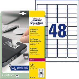 Avery Zweckform Etiketten L6113-20, fälschungssicher, extrem robust, 45,7 x 21,2 mm, 960 Stück/20 A4-Bogen, Folie, weiß