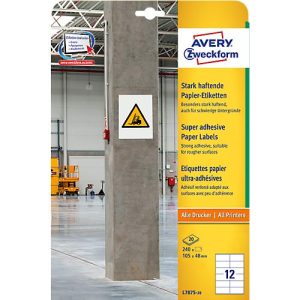 Avery Zweckform Etiketten L7875-20, stark haftend, geeignet für Inkjet-& Laserdrucker, 105 x 48 mm, 240 Stück/20 A4-Bogen, 100 % FSC®-Papier, weiß