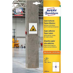 Avery Zweckform Etiketten L7876-20, stark haftend, geeignet für Inkjet-& Laserdrucker, 105 x 148 mm, 80 Stück/20 A4-Bogen, 100 % FSC®-Papier, weiß