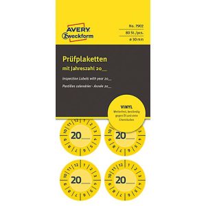 Avery Zweckform Prüfplakette 7902 mit Jahreszahl 20__zum Selbereintragen, extrem robust, Ø 30 mm, 80 Stück/10 Bogen, Vinylfolie, gelb
