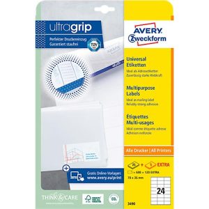 AVERY® Zweckform Universal-Etiketten 3490, ultragrip, 70 x 36 mm, 600 + 120 Stück