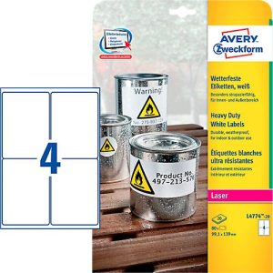 Avery Zweckform Wetterfeste Folienetiketten L4774-20, A4, 80 Etiketten, weiß
