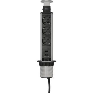 Brennenstuhl Tower Power Alu-Tischsteckdosenleiste, 3 Schutzkontaktstecker in 45°-Anordnung, 2 USB Stecker, versenkbar, 2 m Kabel, L 335 x B 85 x T 120 mm, silber/schwarz