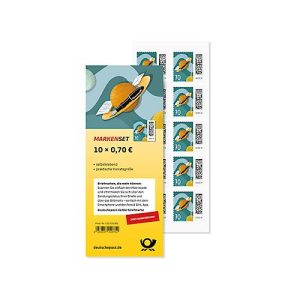 Briefmarken Deutsche Post Motiv „Brief auf Umlaufbahn“, Wert 0,70 €, für Postkarten national, selbstklebend, Set mit 10 Stück