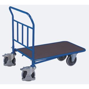 C+C Wagen, Stahl/Siebdruckplatte, Enzianblau/Dunkelbraun, L 1030 x B 700 mm, mit Längsstreben, TPE-Rollen mit Feststellbremse, bis 500 kg