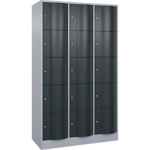 C+P Schließfachschrank Resisto, 3 Abteile, 15 Fächer, B 1148 x T 540 x H 1950 mm, Weißalu/Anthrazitgrau