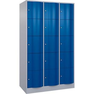 C+P Schließfachschrank Resisto, 3 Abteile, 15 Fächer, B 1148 x T 640 x H 1950 mm, Weißalu/Enzianblau
