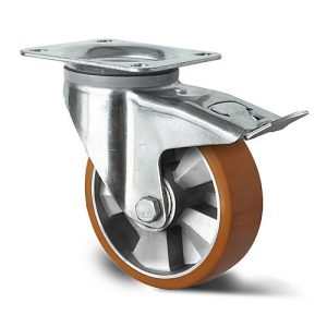 CASCOO Lenkrolle BAU5, mit Totalfeststeller, Rad-ø 200 mm x B 50 mm, Aluminium-Felge, Polyurethan-Lauffläche, braun, Doppelkugellager, bis 700 kg