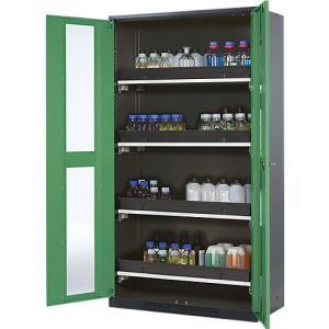 Chemikalienschrank Asecos CS-CLASSIC-G, Flügeltür m. Glasauschnitt, 4 Auszugswannen, 1055x520x1950 mm, resedagrün