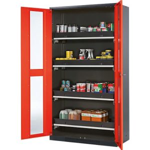 Chemikalienschrank Asecos CS-CLASSIC-G, Flügeltür m. Glasauschnitt, 4 Auszugswannen, 1055x520x1950 mm, verkehrsrot