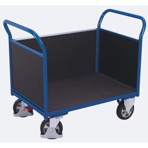 Dreiwandwagen, Stahl/Siebdruckplatte, Enzianblau/Dunkelbraun, L 1195 x B 765 mm, herausnehmbare Längswand, Vollgummi-Rollen mit EasySTOP, bis 1000 kg