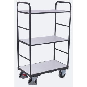 ESD-Etagenwagen, Stahl/Spanplatte, Graphitgrau/ Lichtgrau, 3 Etagen, 850 x 500 mm, EasySTOP, bis 250 kg