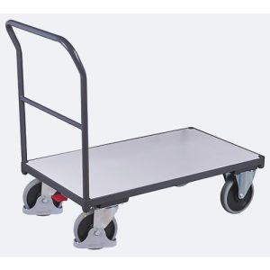 ESD Schiebebügelwagen, Stahl/Spanplatte, Graphitgrau/Lichtgrau, L 880 x B 500 mm, mit Querstrebe, TPE-Rollen mit EasySTOP, bis 400 kg