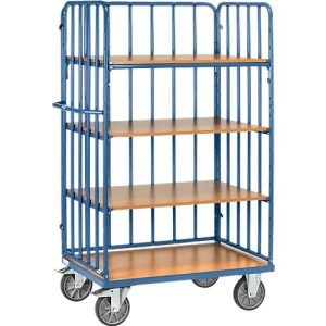 Etagenwagen, 4 Holz-Böden, bis 600 kg, 3-seitige Streben, 1000 x 600 mm, Stahl, blau