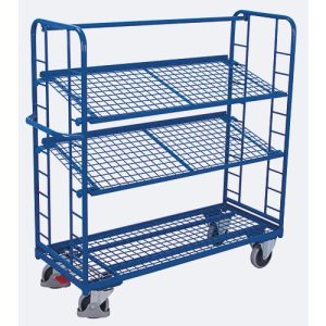 Etagenwagen, Stahl/Drahtgitter, Enzianblau, 3 Etagen, 1355 x 550 mm, Stirnwände mit Rundstahlverstrebung, EasySTOP, bis 250 kg