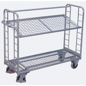 Etagenwagen, Stahl/Drahtgitter, silber, 2 Etagen, 1355 x 550 mm, 2 Stirnwände mit Rundstahlverstrebung, EasySTOP, bis 250 kg