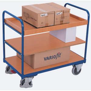Etagenwagen, Stahl/MDF-Platte, Enzianblau/Buche-Dekor, 3 Etagen, 1000 x 700 mm, EasySTOP, bis 250 kg