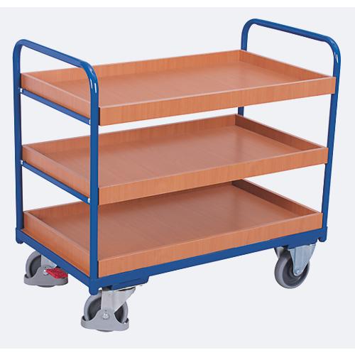 Etagenwagen, Stahl/MDF-Platte, Enzianblau/Buche-Dekor, 3 Etagen, 815 x 455 mm, EasySTOP, bis 250 kg
