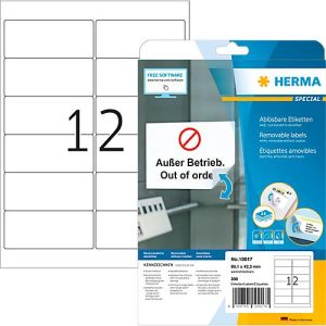 Etiketten HERMA 10017, 99,1 x 42,3 mm, 300 Stück, auf DIN A4, selbstklebend, stark haftend, Papier, mattweiß