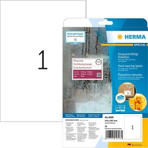 Etiketten HERMA 4698, 210 x 297 mm, 25 Etiketten / 25 A4-Blätter, wetterfest, selbstklebend, stark haftend, Polyesterfolie, mattweiß