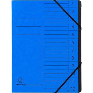 Exacompta Dokumentenmappe, DIN A4, Gummizugverschluss, Karton, 12 Fächer, blau