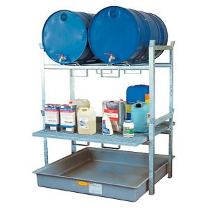 Fassregal Typ 800 Variante 4 CEMO, mit Fassauflage u. Auffangwanne, für 2 x 200 I-Fässer, Gitterostauflage, L 1410 x B 1280 x H 1620 mm