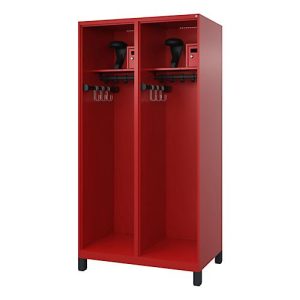 Feuerwehrspind C+P Evolo Flexo, 2 Abteile, Helmhalter, mit Füßen, B 1000 x T 600 x H 1950 mm, RAL 3000 Feuerrot/RAL 7021 Schwarzgrau