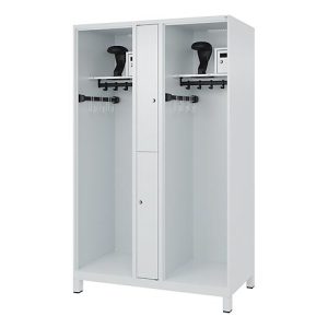 Feuerwehrspind C+P Evolo Maxi, 4 Abteile für 2 Personen, mit Helmhalter, mit Füßen, B 1200 x T 600 x H 1950 mm, RAL 7035 Lichtgrau