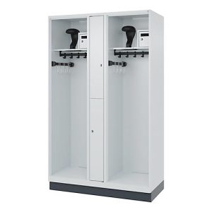Feuerwehrspind C+P Evolo Maxi, 4 Abteile für 2 Personen, mit Helmhalter, mit Sockel, B 1200 x T 500 x H 1950 mm, RAL 7035 Lichtgrau/RAL 7016 Anthrazitgrau