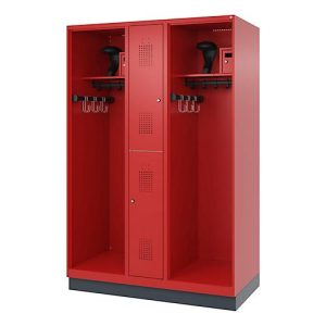 Feuerwehrspind C+P Evolo Maxi, 4 Abteile für 2 Personen, mit Helmhalter, mit Sockel, B 1300 x T 600 x H 1950 mm, RAL 3000 Feuerrot/RAL 7016 Anthrazitgrau
