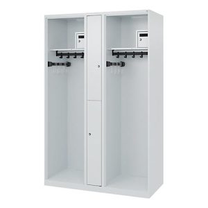 Feuerwehrspind C+P Evolo Maxi, 4 Abteile für 2 Personen, ohne Helmhalter, Bodengleiter, B 1200 x T 500 x H 1850 mm, RAL 7035 Lichtgrau