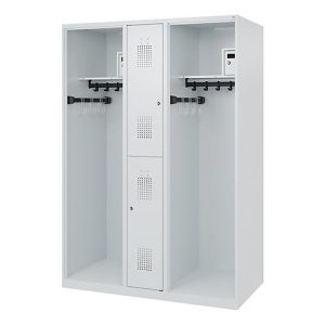 Feuerwehrspind C+P Evolo Maxi, 4 Abteile für 2 Personen, ohne Helmhalter, Bodengleiter, B 1300 x T 600 x H 1850 mm, RAL 7035 Lichtgrau