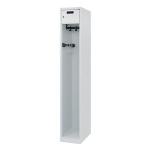 Feuerwehrspind C+P Evolo PRAKTUS, 1 Abteil, mit Sockel, Bodengleiter, B 300 x T 500 x H 1850 mm, RAL 7035 Lichtgrau