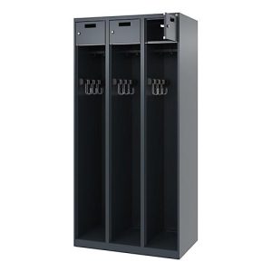 Feuerwehrspind C+P Evolo PRAKTUS, 3 Abteile, mit Sockel, Bodengleiter, B 900 x T 500 x H 1850 mm, RAL 7016 Anthrazitgrau