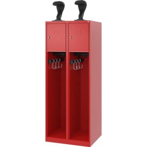 Feuerwehrspind C+P Evolo Youngster, 2 Abteile, mit Helmhalter, Bodengleiter, B 600 x T 500 x H 1530 mm, RAL 3000 Feuerrot