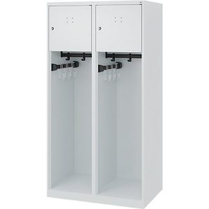 Feuerwehrspind C+P Evolo Youngster, 2 Abteile, ohne Helmhalter, Bodengleiter, B 800 x T 500 x H 1530 mm, RAL 7035 Lichtgrau