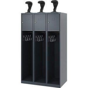 Feuerwehrspind C+P Evolo Youngster, 3 Abteile, mit Helmhalter, Bodengleiter, B 900 x T 500 x H 1530 mm, RAL 7016 Anthrazitgrau