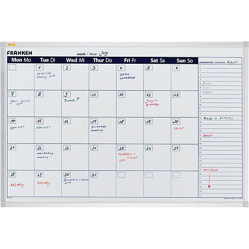 Franken Kalender X-tra!Line VO-7, Monats- oder 7-Tageübersicht, magnethaftend, Ablageschale, B 900 x H 600 mm, Stahl & Aluminium, weiß