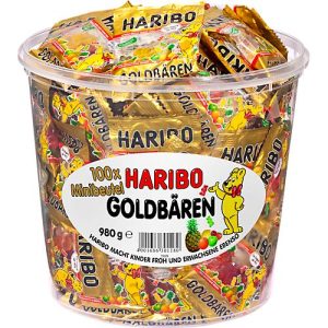 Fruchtgummi Haribo Goldbären, 100 Minibeutel in Dose, Gesamtgewicht 980 g