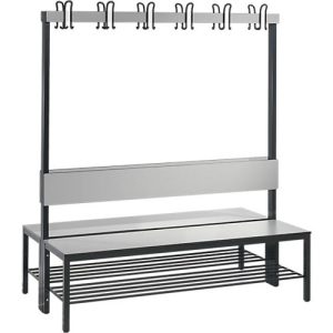 Garderobenbank Basic Plus, 2-seitig, Rückenlehne, mit Schuhrost, Fußgestell schwarzgrau RAL 7021, B 1500 mm, Dekor silbergrau