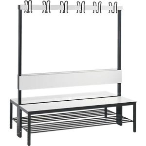 Garderobenbank Basic Plus, 2-seitig, Rückenlehne, mit Schuhrost, Fußgestell schwarzgrau RAL 7021, B 1500 mm, Dekor weiß