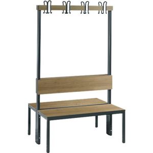 Garderobenbank Basic Plus, 2-seitig, Rückenlehne, ohne Schuhrost, Fußgestell schwarzgrau RAL 7021, B 1000 mm, Dekor Eiche Ser.
