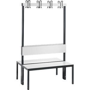 Garderobenbank Basic Plus, 2-seitig, Rückenlehne, ohne Schuhrost, Fußgestell schwarzgrau RAL 7021, B 1000 mm, Dekor weiß