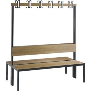 Garderobenbank Basic Plus, 2-seitig, Rückenlehne, ohne Schuhrost, Fußgestell schwarzgrau RAL 7021, B 1500 mm, Dekor Eiche Ser.