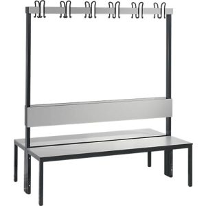 Garderobenbank Basic Plus, 2-seitig, Rückenlehne, ohne Schuhrost, Fußgestell schwarzgrau RAL 7021, B 1500 mm, Dekor silbergrau