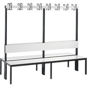 Garderobenbank Basic Plus, 2-seitig, Rückenlehne, ohne Schuhrost, Fußgestell schwarzgrau RAL 7021, B 1960 mm, Dekor weiß