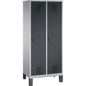 Garderobenspind Evolo S 3000, Stahl, m. Füßen, 2 Abteile m. jew. B 400 mm, Sicherheitsdrehriegelverschluss, weißaluminium RAL 9006/anthrazit RAL 7016